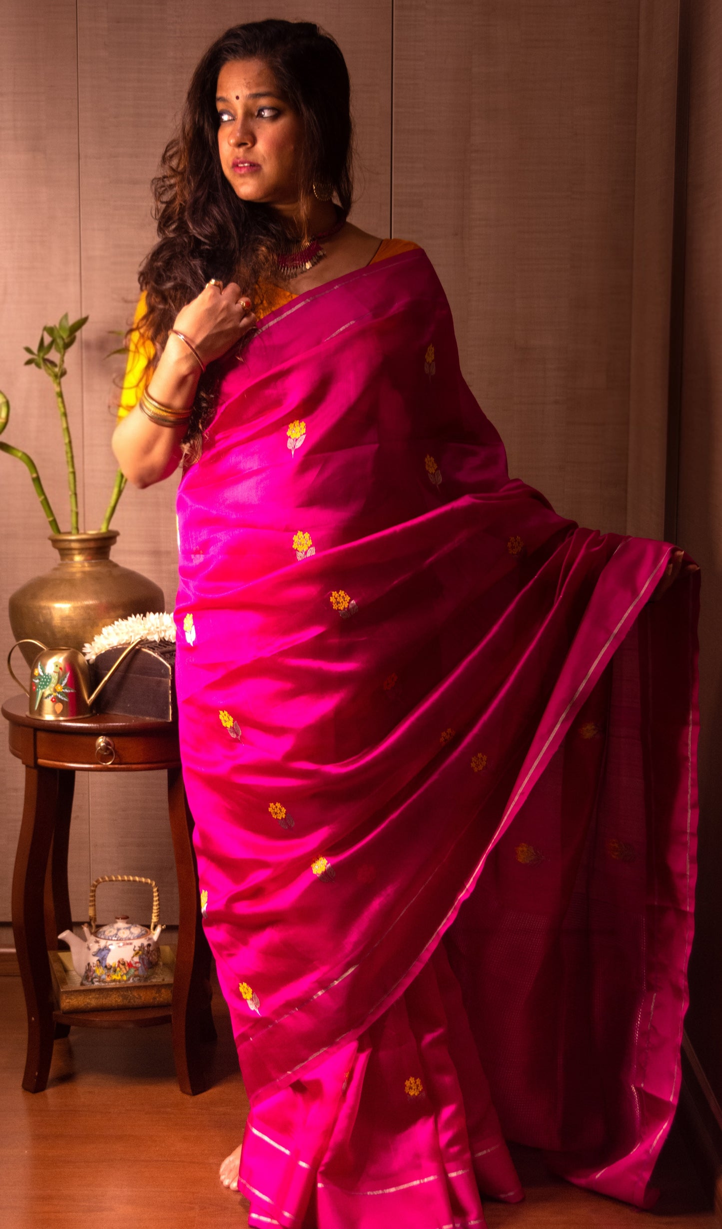 Pink with Yellow Butis Pure Silk Chanderi Saree