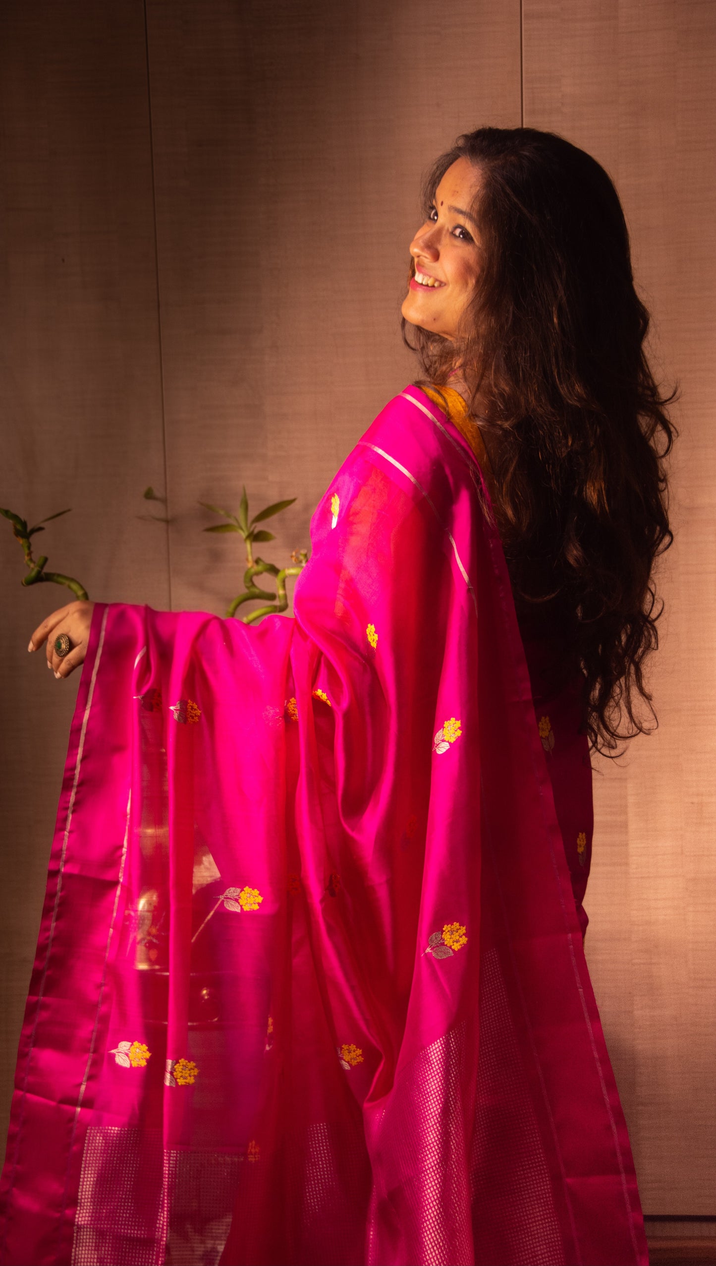 Pink with Yellow Butis Pure Silk Chanderi Saree