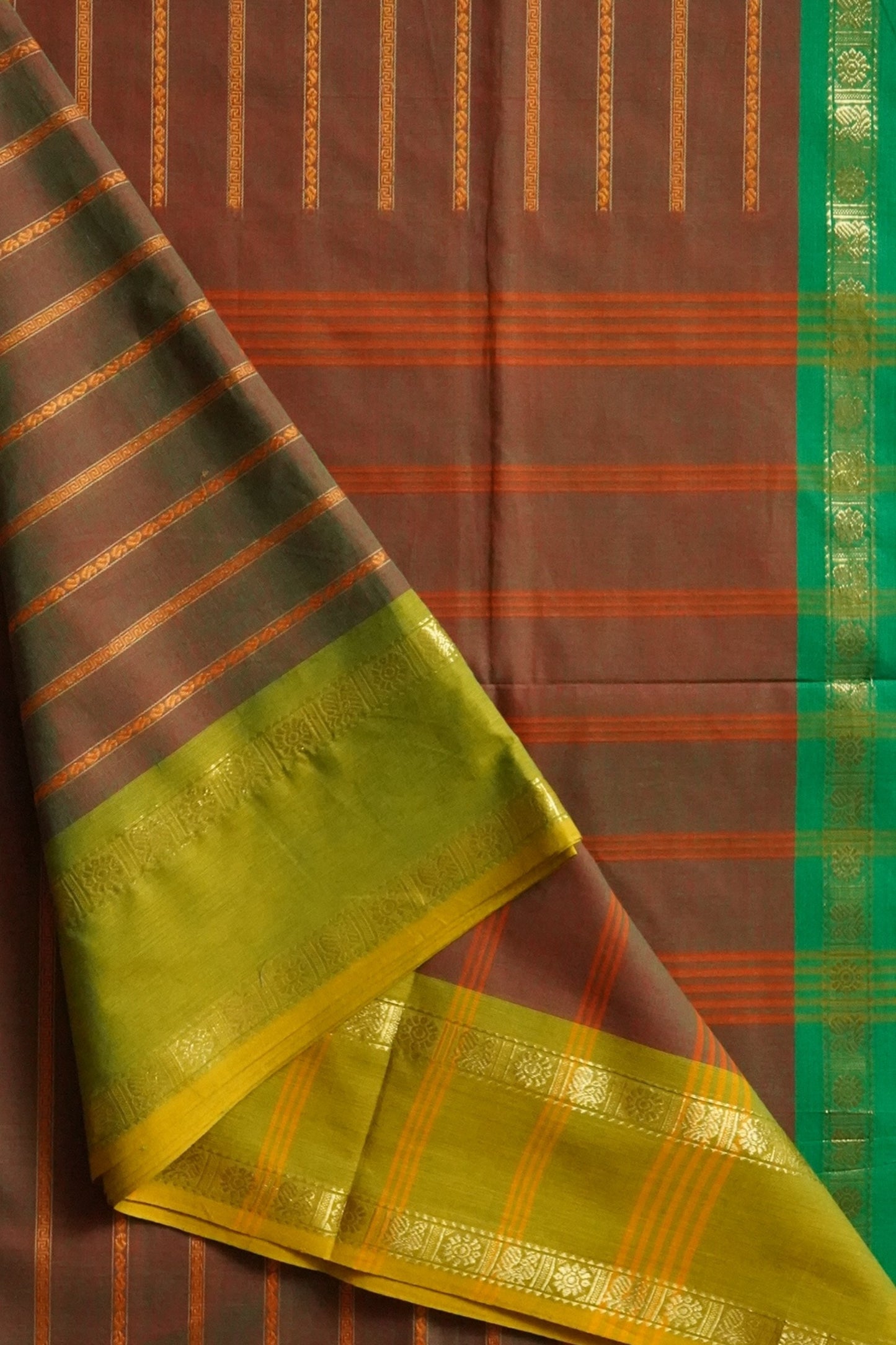 Chettinad Cotton Maroon Green Butti Stripes Saree