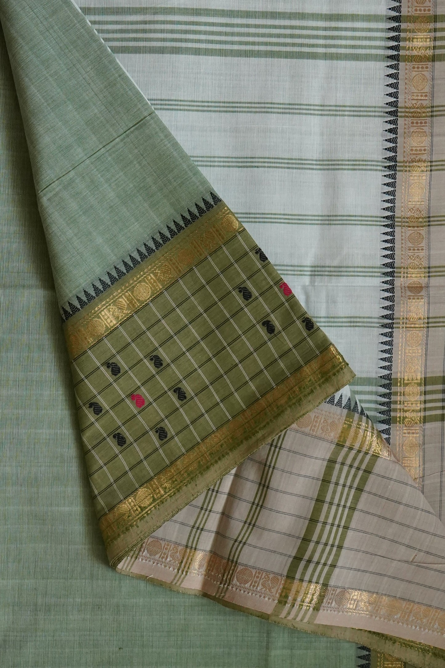 Chettinad Cotton Light Green and White Butta Saree