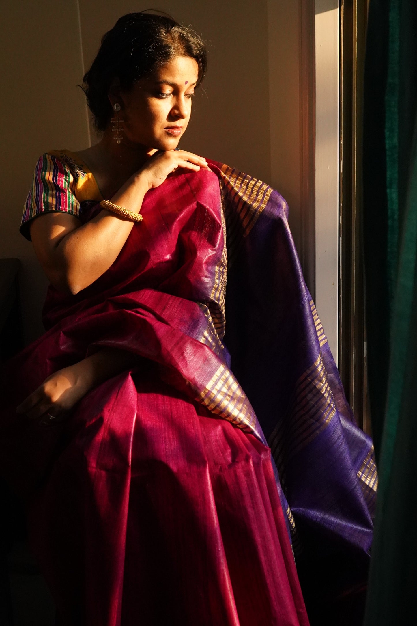 Dual Shaded Zari Border Tussar Silk Saree