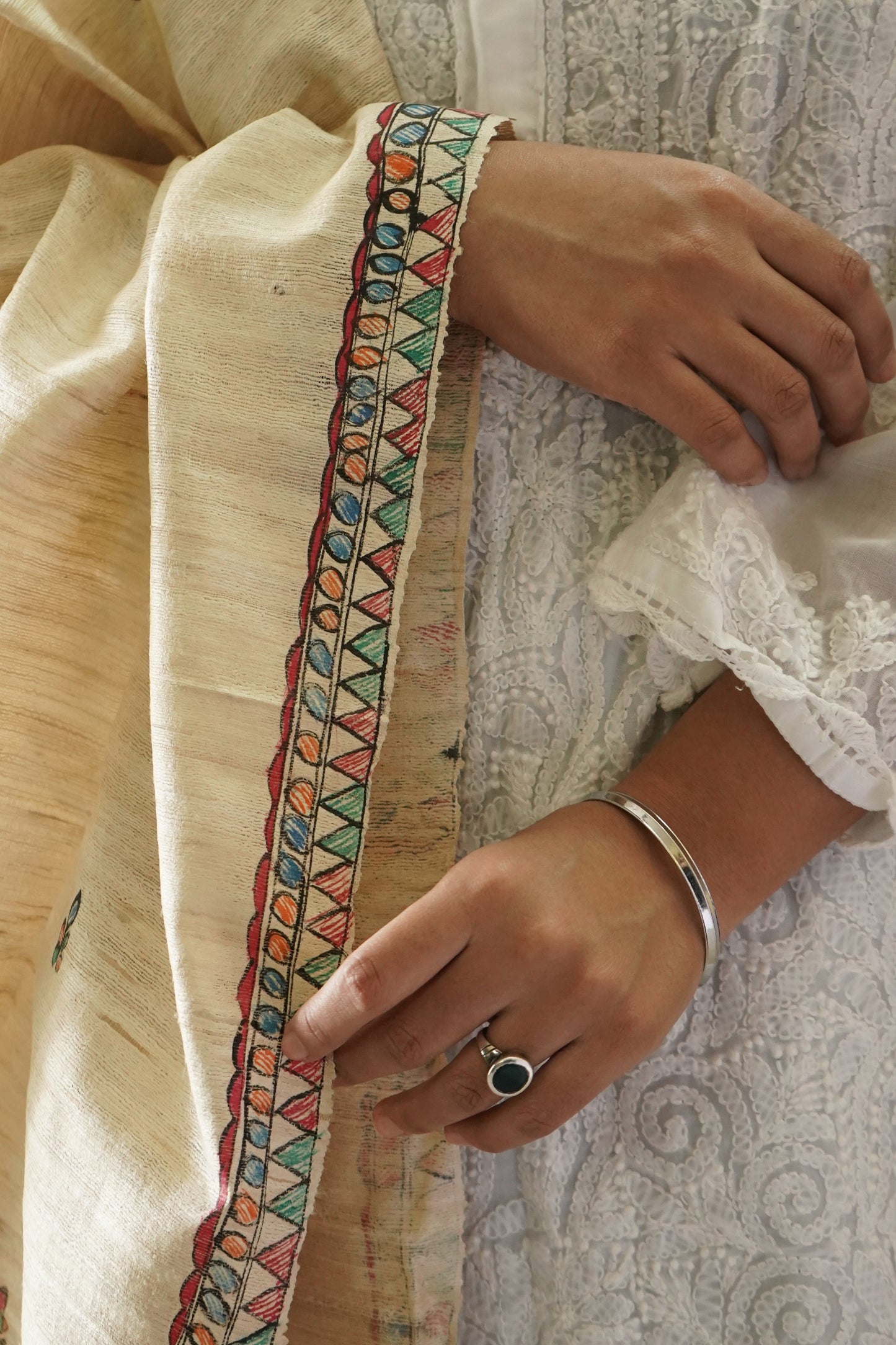 Hand Painted Madhubani Tussar Silk Dupatta