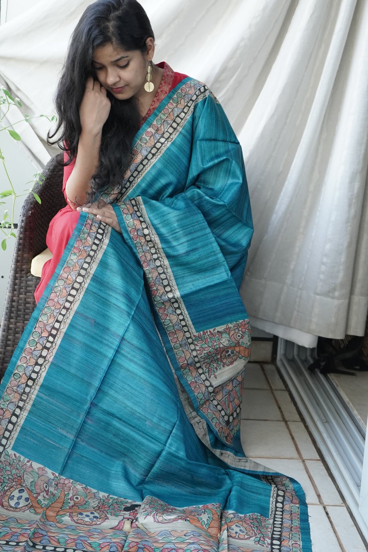 Hand Painted Madhubani Tussar Silk Dupatta